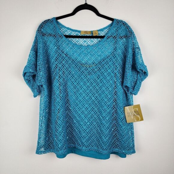 Valerie Stevens Top Turquoise Mesh Sequin Cover With Camisole Tank Size XL - Picture 3 of 12